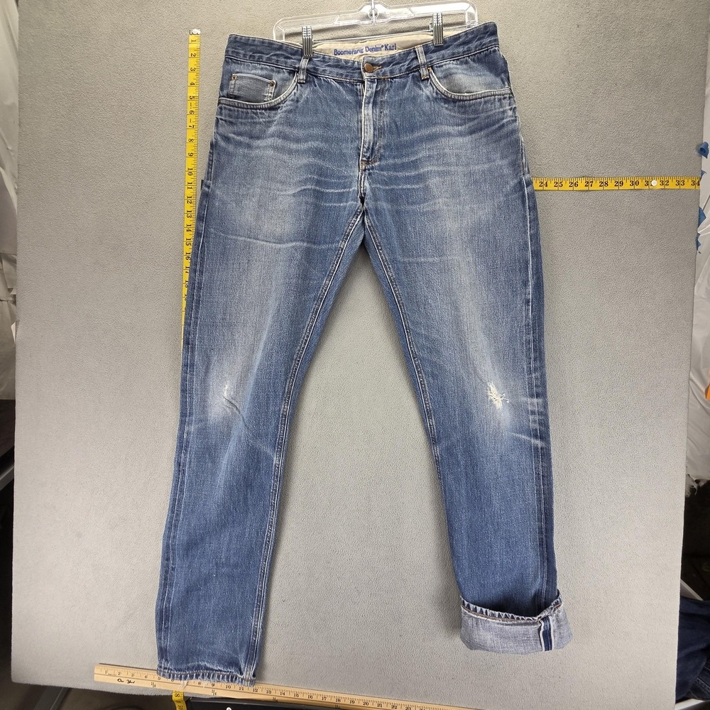 Selvedge Jeans Mens 36x36 Blue Whiskers Zip Fly Boomerang Denim Karl Medium Wash